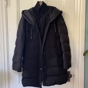 DKNY Donna Karen NY Long Puffer Jacket with Oversized Hood, Black, Size L